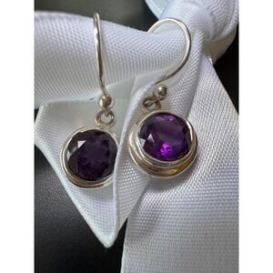 Sterling Silver Round Amethyst Bezel Set Dangle Drop Earrings Purple Gemstone